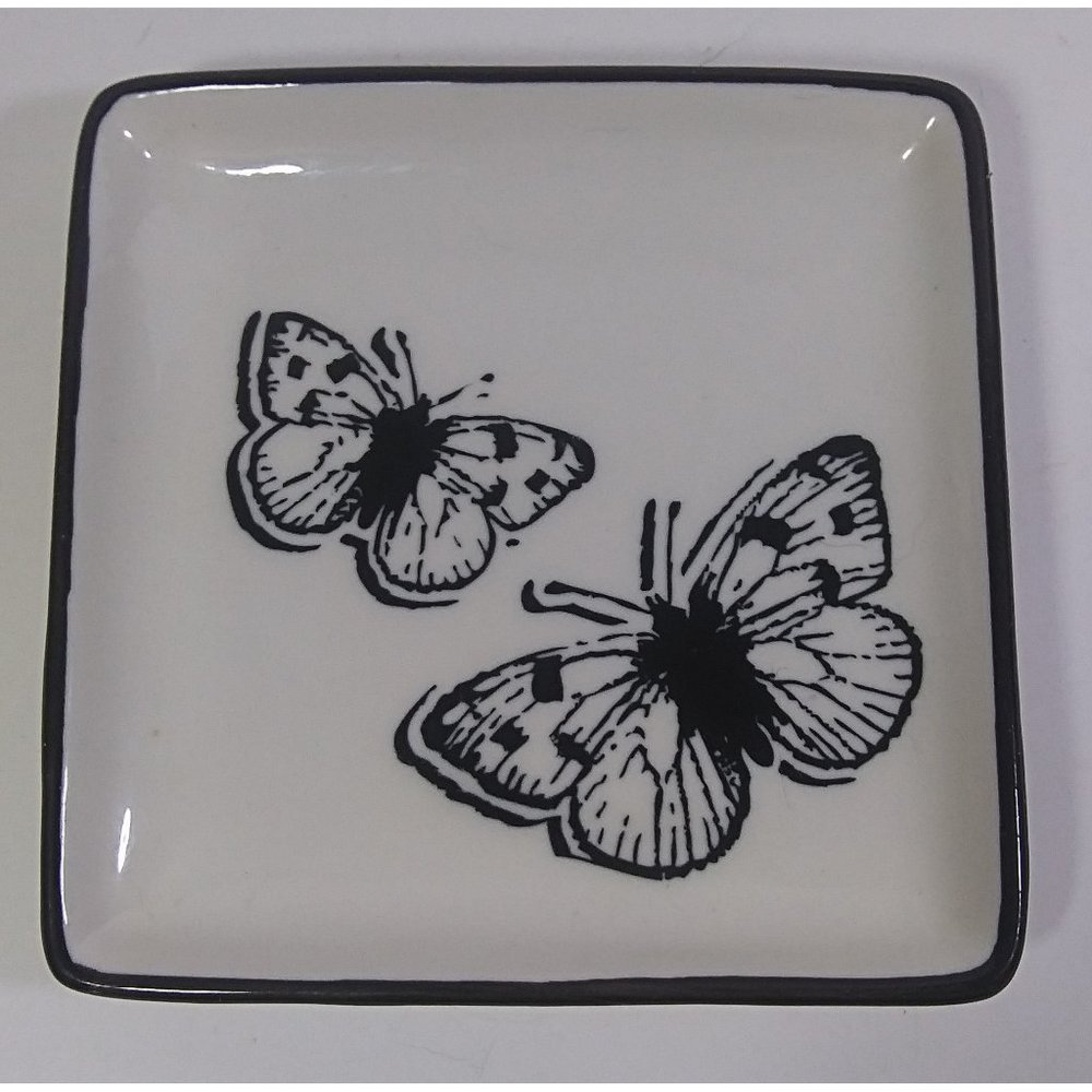 Butterfly Jewelry Dish 5in Ceramic Square Black White Trinkets Plate